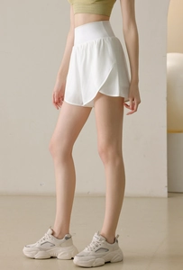 Side view of white high-waisted quick-dry sports shorts with fake two-piece design for women