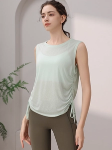 Women Sports Vest Ruched Side Drawstring T-Shirt Quick Dry Breathable Yoga Fitness Training Sleeveless Top Workout Cover Up