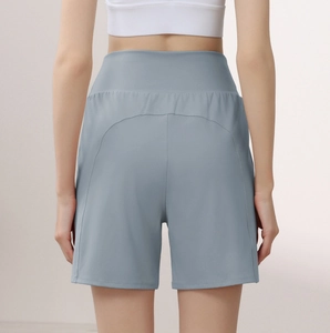 High-waisted gray-blue sports shorts with rear curved seams for a lifting effect