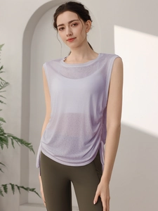 Light purple tencel yoga tank top with side drawstrings and breathable loose fit