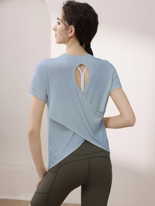 Light blue modal sports t-shirt with open back design and drop hole for gym yoga training