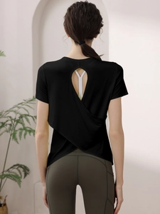 Women's modal backless sports T-shirt featuring a cross-layered design for yoga and fitness