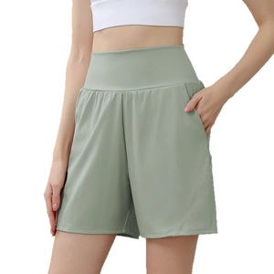 High waist sage green athletic shorts with side pockets for running and fitness training