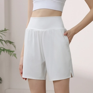 Women High Waist Yoga Shorts Loose Fit Quick Dry Athletic Running Shorts With Pockets Side Slit Solid Color Gym Bottoms