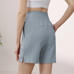 Women's high-waisted nylon sports shorts in grey-blue with slim fit and side slits