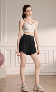 Detail view of high-waist sports shorts with loose double-layer design for yoga