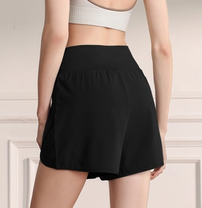 Rear view of high-waisted black sports shorts featuring double-layer anti-exposure design