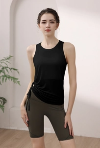 Detail of black sports tank top with adjustable drawstring side ruched design