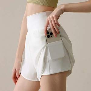 White high-waisted sports shorts with phone pocket lining for running and yoga