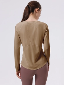 Slim fit khaki long sleeve yoga top with Y-shaped geometric back stitching detail