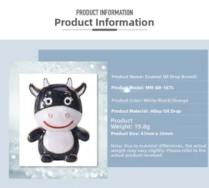 Detail specifications of a cartoon enamel cow brooch with dimensions and weight data