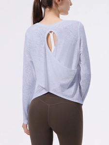 Top da Yoga a Manica Lunga Jacquard da Donna Senza Schiena Cutout Activewear Fitness Abbigliamento Sportivo Traspirante Nylon Palestra Top