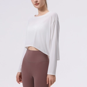 Damen Locker Yoga Cropped T-Shirt Nylon Elasthan Atmungsaktiv Langarm Sport Workout Top Fitness Schnelltrocknend Mesh Überwurf