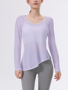 Top da Yoga a Manica Lunga in Misto Lyocell da Donna Scollo a V Orlo Asimmetrico Traspirante Leggero Maglietta Sportiva per Fitness