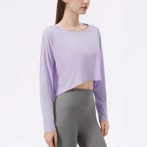 Lila Seiden-Yoga-Oberteil für Damen mit Ärmeln und graue High-Waist-Leggings