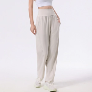 Women's High Waist Yoga Pants Nylon Spandex Tummy Control Loose Sports Trousers With Side Pockets Breathable Running Fitness Gym Training Straight Leg Pants