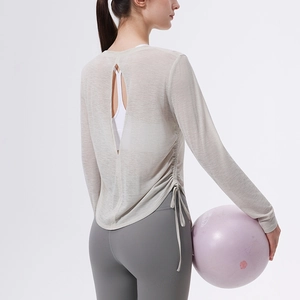 Damen Yoga Top Langarm Rückenfrei Ausgehöhlt Sport T-Shirt Atmungsaktiv Polyester Slub Mesh Kordelzug Fitness Training Oberteil