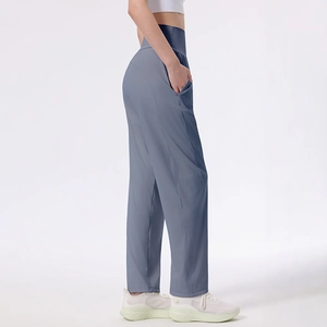 Women high waist fitness yoga pants in slate blue with side pockets and slimming fit