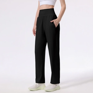 Women's high waist black yoga pants with side pockets for fitness and running