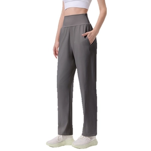 Women's high waisted dark grey wide leg yoga pants with tummy control and side pockets