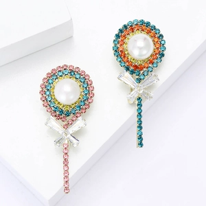 Exquisite lollipop brooch with colorful rhinestones, pearls, and a crystal bow design