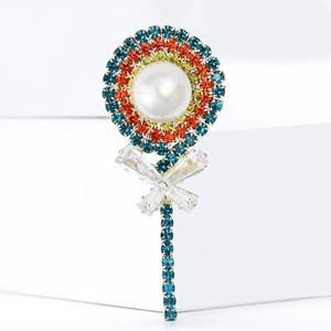 Exquisite lollipop rhinestone brooch with central pearl and colorful crystal accents