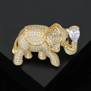 Elegant gold-plated elephant brooch with sparkling zircon pave and a pear-cut drop stone