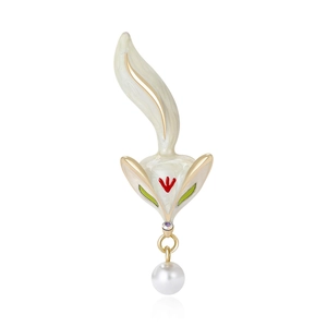 Fashion enamel fox brooch with white pearl pendant and gold metal trim on white background