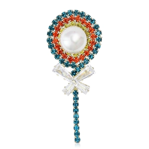 Cute Lollipop Brooch Alloy Colorful Rhinestone Crystal Bowknot Artificial Pearl Pin For Women Suit Shirt Clothing Jewelry Accessory