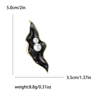 Elegant wave leaf brooch with white pearls and black enamel finish for suits