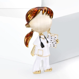 Detailed close-up of a nurse brooch with opal head and white enamel medical uniform