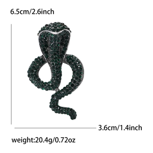 Detailed size specifications for the silver cobra brooch with dark green rhinestones