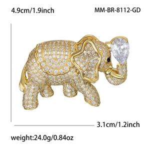 Gold plated elephant brooch with micro-pave cubic zirconia and drop shaped gemstone