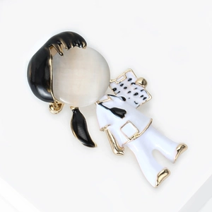 Detailed close-up of cartoon doctor brooch with opal stone head and enamel gold finish