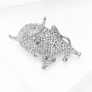 Macro detail of silver ox brooch featuring sparkling white crystals and a green gemstone eye