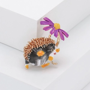 Cute cartoon hedgehog brooch with purple flower on white geometric stands