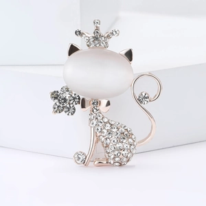 Elegante Spilla a Forma di Gatto in Lega e Pietra Occhio di Gatto Artificiale per Donna Oro Rosa Corona di Strass Gioielli di Moda
