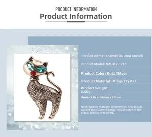 Detail view of cat brooch dimensions 38mm by 25mm with enamel and rhinestone inlay