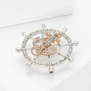 Navy style silver and gold anchor brooch with sparkling rhinestones for men suits