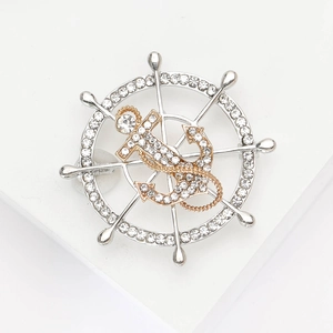 Nautical anchor and ship wheel brooch with silver and gold plating and crystals