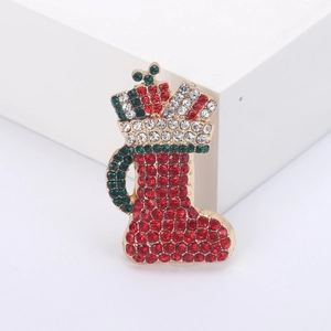 Creative Christmas Stocking Brooch For Women Alloy Red Rhinestone Boot Shape Pin Festive Holiday Clothing Jewelry Accessory
