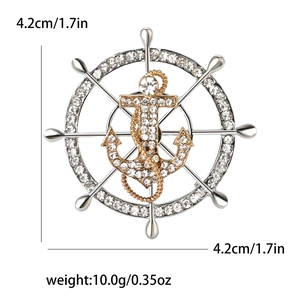Nautical anchor and ship wheel brooch with sparkling crystals in gold and silver finish