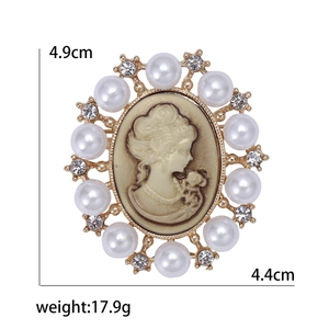 Vintage oval cameo brooch with female portrait relief, pearls and crystals, 4.9cm x 4.4cm