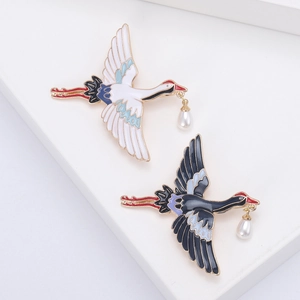 Broche Grue en Alliage Émaillé de Style Chinois Vintage avec Künstliche Perle en Forme de Goutte d'Eau pour Femme Mariage Banquet Bijoux