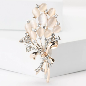 Elegant Golden Alloy Flower Bouquet Brooch With Opal And Rhinestones Bowknot Design Fashion Dress Jewelry For Women Accessories