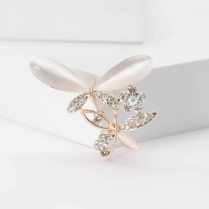 Exquise Broche Libellule en Alliage pour Femmes Plaquée Or Strass Pierre Œil-de-chat Synthétique Fleur Pin Accessoires Mode