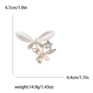 Broche libellule et fleur avec strass et opale, taille 4,7 cm sur 4,4 cm élégante