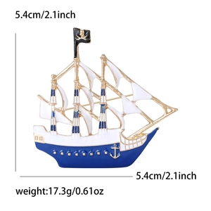 Detail view of sailing boat brooch with size dimensions 5.4cm and weight 17.3g