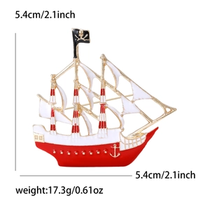 Detail view of enamel pirate ship brooch with dimensions of 5.4cm and 17.3g weight