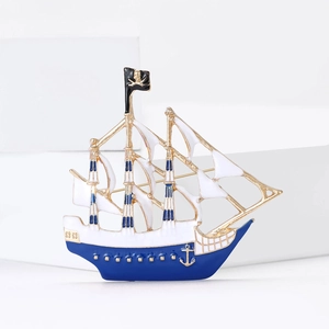 Creative pirate ship alloy enamel brooch pin with blue hull and skull flag detail